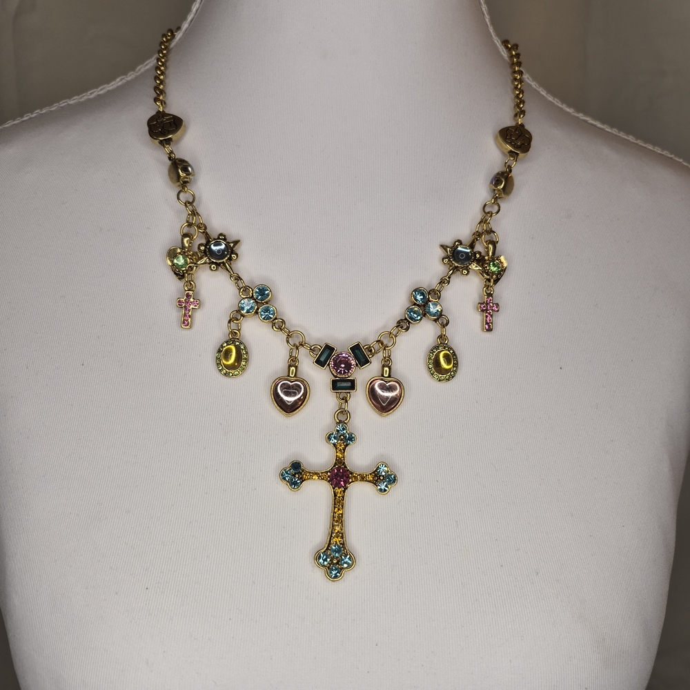 Joan Boyce Multi-color Gemstone Cross Necklace with Charms